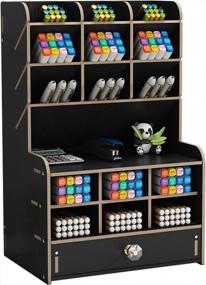 img 4 attached to Marbrasse Upgraded Wooden Pencil Holder, Pen Organizer For Desk With 15 Compartments + Drawer, Desktop Stationary Storage Organizer Caddy, Easy Assembly (Black)