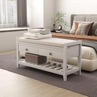 white wooden shoe storage bench with cushioned seat, entryway end of bed cabinet for hallway living room - 2 drawers and shelf logo