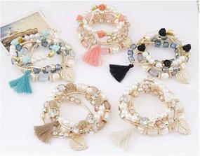 img 2 attached to Women'S Boho Crystal Multilayer Beaded Bracelet 5-Pack Stretch Tassel Bangles
