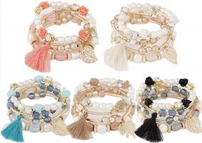 img 4 attached to Women'S Boho Crystal Multilayer Beaded Bracelet 5-Pack Stretch Tassel Bangles