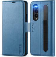 tucch galaxy z fold 3 5g wallet case with s pen holder, rfid blocking, viewing stand, and card slot. pu leather magnetic book folio cover in light blue compatible with galaxy z fold3(7.6") 2021. logo