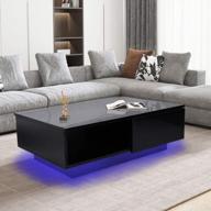 modern led coffee table with high gloss finish and drawers for living room furniture - stylish mdf side sofa table with chipboard storage and light, 23.6" x 37.4" x 12.4", black logo