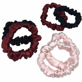 img 2 attached to MYK Silk Mulberry Silk Scrunchies Set - 100% Gentle Hair Tie For Curly Hair - 6 Pack Small - Black, Burgundy, Pink