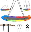 outdoor oval tree swing saucer for kids - 65’’ x 27.5’’ size with steel frame, frictionless swivel, carabiners, nylon ropes, handles & thick padding by sportstrail - best hanging swing for trees logo