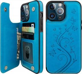 img 4 attached to IPhone 13 Pro Max Case Wallet - Vaburs Compatible With Card Holder, Embossed Butterfly PU Leather Double Buttons Flip Shockproof Protective Cover For Magnetic Car Mount 6.7 Inch (Blue)