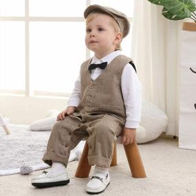 img 1 attached to 3-Piece Baby Boy Suit Outfit: Tuxedo Jumpsuit, Vest Coat & Beret Hat - WESIDOM