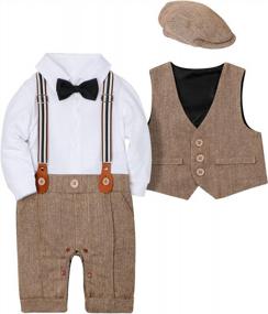 img 4 attached to 3-Piece Baby Boy Suit Outfit: Tuxedo Jumpsuit, Vest Coat & Beret Hat - WESIDOM