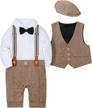 3-piece baby boy suit outfit: tuxedo jumpsuit, vest coat & beret hat - wesidom logo