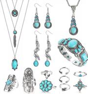 полный набор украшений из богемной бирюзы для женщин - 16 многослойных ожерелий, браслетов-манжет, сережек, колец и перьев логотип
