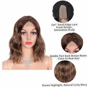 img 3 attached to Get A Fabulous Look With Kalyss 12" Synthetic Lace Front Wigs - Short Wavy Bob Middle Part Brown Highlight Wig For Daily Wear!