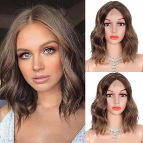 img 4 attached to Get A Fabulous Look With Kalyss 12" Synthetic Lace Front Wigs - Short Wavy Bob Middle Part Brown Highlight Wig For Daily Wear!