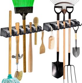 img 4 attached to ONMIER Wall Mounted Mop And Broom Holder Organizer With 6 Hooks And 5 Positions For Garden And Garage Tools - Pack Of 2