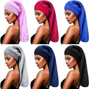 img 4 attached to 🎩 SATINIOR SATINIOR Sleep Cap S5 6-Pack: Long Satin Bonnet Night Caps with Elastic Band – Solid Color Collection