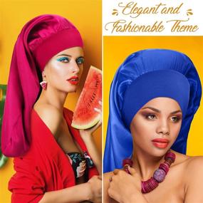 img 2 attached to 🎩 SATINIOR SATINIOR Sleep Cap S5 6-Pack: Long Satin Bonnet Night Caps with Elastic Band – Solid Color Collection