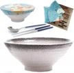 8 pieces premium ceramic xl pho bowls set: 2 white grey 60 oz ramen bowl. includes: stainless steel spoon and chopsticks. plus reusable beeswax wrap lids. asian chinese japanese or noodle soups logo