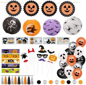 img 4 attached to Halloween Classroom And Party Decorations Kit With 60PCS Pack, Including Lanterns, Paper Fans, Tattoos, Water Bottle Labels, Photo Booth Props, Pre-Strung Tassel, And Balloons By Decorlife
