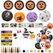 halloween classroom and party decorations kit with 60pcs pack, including lanterns, paper fans, tattoos, water bottle labels, photo booth props, pre-strung tassel, and balloons by decorlife logo