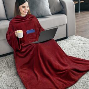 img 3 attached to PAVILIA Premium Fleece Blanket With Sleeves: Super Soft, Warm & Cozy Wearable Throw For Women Men Adult - Wine Red (Regular Pocket)