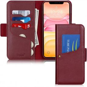img 4 attached to Чехол-кошелек из натуральной кожи Toplive для IPhone 11 (6,1 дюйма) с подставкой - роскошная воловья кожа винно-красного цвета