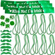 irish party supplies: st. patrick's day accessory set with bulk shamrock beaded necklaces, sash, temporary tattoos, green mustaches, and dress up decorations logo