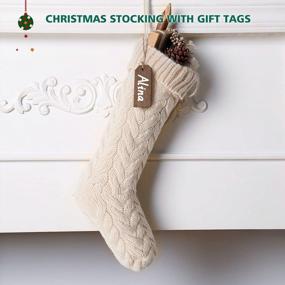 img 3 attached to Set Of 3 Large Cable Knit Christmas Stockings With Name Tags - Classic Burgundy Red, Ivory White, And Green Chunky Hand Stockings - 18 Inches
