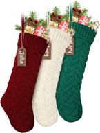 set of 3 large cable knit christmas stockings with name tags - classic burgundy red, ivory white, and green chunky hand stockings - 18 inches logo