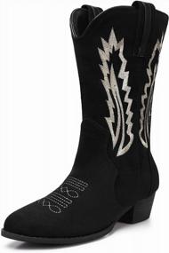 img 3 attached to Embroidered Suede Cowgirl Boots For Women - Pointed Toe Pull On Western Booties With Mid Calf Height By TEMOFON