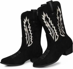 img 4 attached to Embroidered Suede Cowgirl Boots For Women - Pointed Toe Pull On Western Booties With Mid Calf Height By TEMOFON