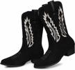 embroidered suede cowgirl boots for women - pointed toe pull on western booties with mid calf height by temofon logo
