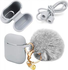 img 4 attached to PINOWU Earphone Silicone Case Cover Skin With Fur Ball Key Chain And Locking Carabiner Compatible With AirPods Charing Case - Hang Case Cover With Anti-Lost Strap As Headphone Accessories (Gray)