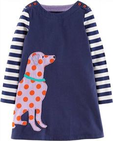 img 4 attached to Youlebao Girls Cotton Long Sleeve Casual Cartoon Appliques Striped Jersey Dresses