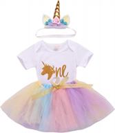 sparkling unicorn baby girl outfit for 1st birthday: romper, tutu princess skirt dress, bow headband set логотип