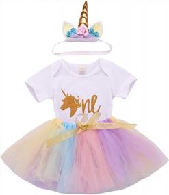 img 4 attached to Sparkling Unicorn Baby Girl Outfit For 1St Birthday: Romper, Tutu Princess Skirt Dress, Bow Headband Set