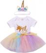 sparkling unicorn baby girl outfit for 1st birthday: romper, tutu princess skirt dress, bow headband set logo