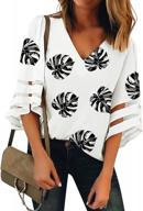 stylish palm leaf v-neck blouse for women with bell sleeves - loose fit flowy top ideal for work and fashion logo