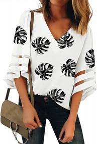 img 2 attached to Stylish Palm Leaf V-Neck Blouse For Women With Bell Sleeves - Loose Fit Flowy Top Ideal For Work And Fashion