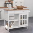 choochoo rolling kitchen island: portable, drawer & glass cabinet, wine shelf, towel rack, white logo