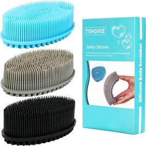 img 4 attached to Set Of 3 Soft Silicone Body Scrubber Loofahs - Exfoliating Shower Brushes For Sensitive Skin Types - Ideal For Kids, Women, And Men - Black, Gray, And Blue