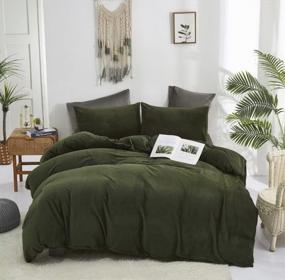 img 4 attached to Queen Army Green Velvet Duvet Cover Set - Fluffy Bedding Sets In Dark & Hunter Green, Olive With Zipper Closure