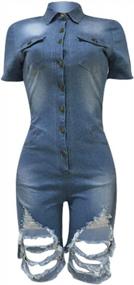 img 2 attached to Women'S Sexy Short Sleeve Denim Jumpsuit Rompers Mini Shorts Stretchy One Piece With Pocket For Night Club