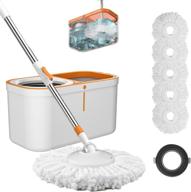 🧹 efficient floor spin mop and bucket set: extended stainless steel handle for home floor cleaning use - includes 5 replacement head refills and 1 cleaning brush head logo