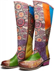 img 4 attached to Women'S Leather Knee High Boots Flat Splicing Pattern Long Booties Tall Winter Shoes