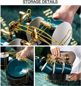 img 3 attached to Set Of 6 YOLIFE Green Porcelain Tea Cups And Saucers With Gold Handle And Display Stand - Modern Coffee Cup Saucer Set, 7 OZ Capacity
