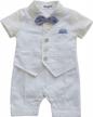 adorable baby boy white gentleman tuxedo romper with waistcoat, bowtie, and jumpsuit overall logo