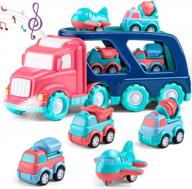 5-in-1 friction powered toddler girl toy truck with light sound and 4 cartoon pull back vehicle construction cars - pink dump truck gift for 1 2 3 year old girls logo