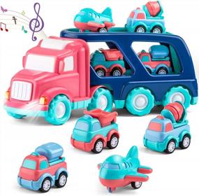 img 4 attached to 5-In-1 Friction Powered Toddler Girl Toy Truck With Light Sound And 4 Cartoon Pull Back Vehicle Construction Cars - Pink Dump Truck Gift For 1 2 3 Year Old Girls