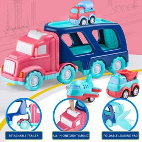 img 1 attached to 5-In-1 Friction Powered Toddler Girl Toy Truck With Light Sound And 4 Cartoon Pull Back Vehicle Construction Cars - Pink Dump Truck Gift For 1 2 3 Year Old Girls