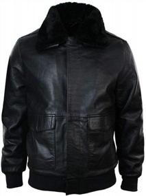 img 3 attached to Mens G1 Aviator Navy Air Force Pilot Bomber Jacket With Black Sheepskin Fur Collar