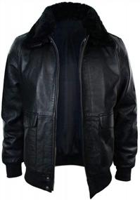 img 4 attached to Mens G1 Aviator Navy Air Force Pilot Bomber Jacket With Black Sheepskin Fur Collar