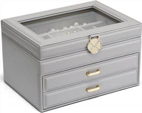 img 4 attached to Vlando Jewelry Organizer Box For Women, 3 Layer Large Jewelry Boxes With 2 Drawers, Glass Lid Leather Jewelry Storage For Necklaces Earrings Rings Bracelets Watches Travel, Grey
